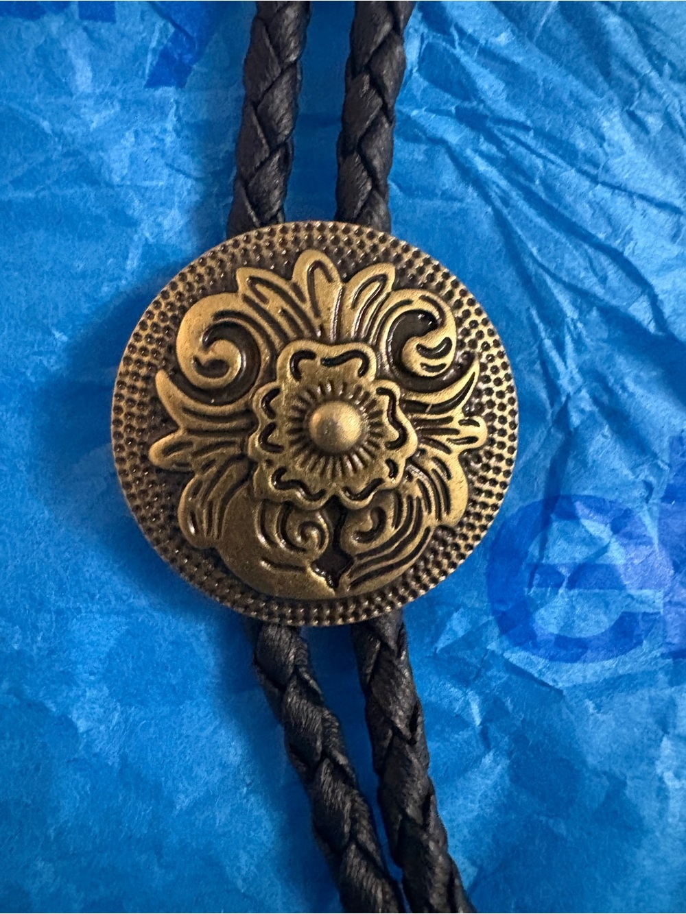 Braided Black Leather Bolo Tie with Antique Gold Floral Slide